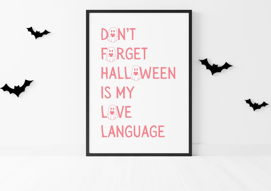 Halloween Is My Love Language Pink Ghost Typography Wall Art