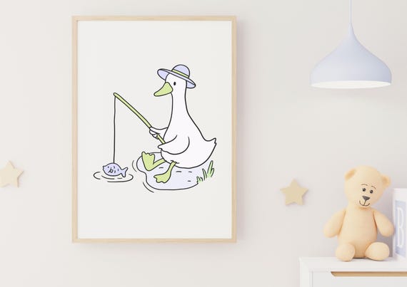 Goose Wall Art Fishing Print Boy Room Decor Nursery Poster Playroom Catching The Fish Fun Kids