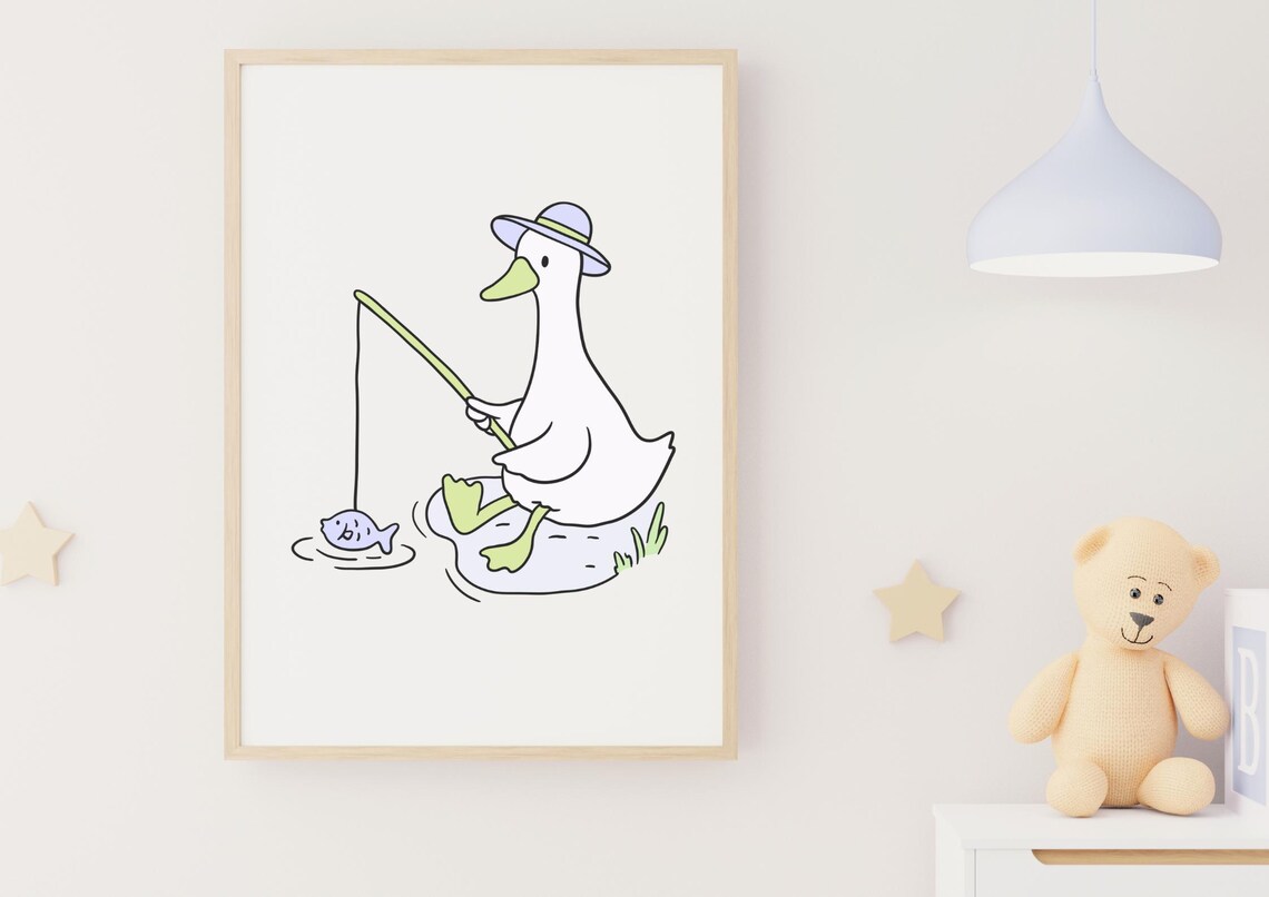 Goose Fishing Trip Line Art Cartoon Kids Room Nursery Poster