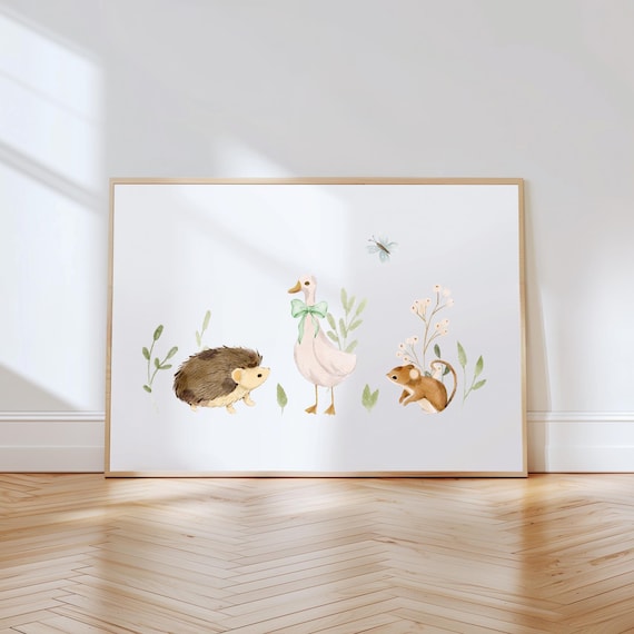 Hedgehog Goose And Mouse Watercolor Woodland Nursery Wall Art