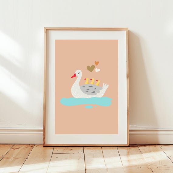 Mama Goose Wall Art Mother Love Print With Babies Poster Pastel Nursery Playroom Decor Cute Pink Girl
