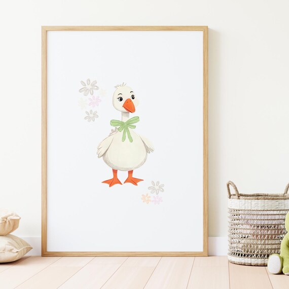 Cute Baby Goose Green Bow Flowers Pastel Nursery Room Poster
