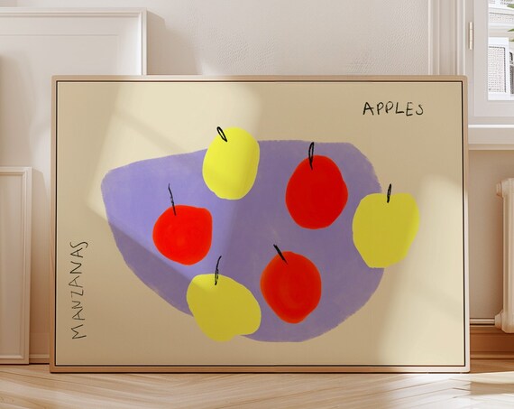 Apples Art Print Still Life Illustration Retro Food Art Bowl Of Apples Wall Art Contemporary Decor Fruit Poster Horizontal Print