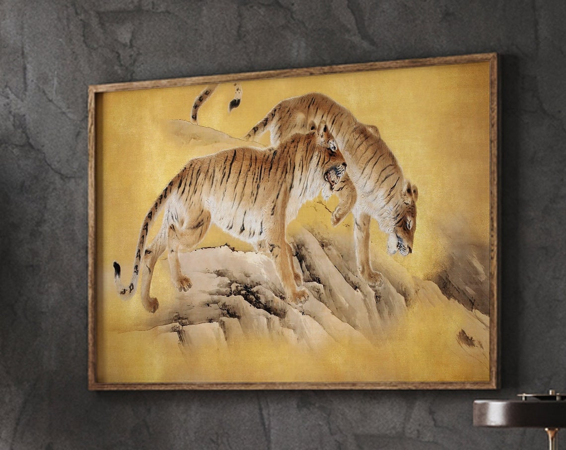 Golden Tigers Antique Poster Two Tigers Prowling On Gold Leaf Artwork