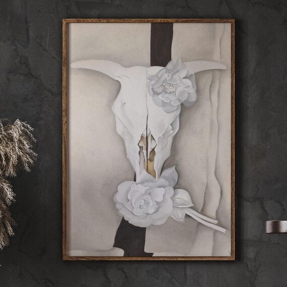 Cows Skull With Calico Roses Wall Art Georgia Okeeffe Print Desert Animal Painting Housewarming Gift Instant