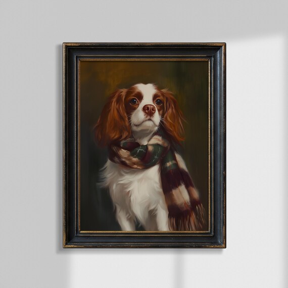 Cavalier King Charles Spaniel in Plaid Scarf Oil Portrait Poster
