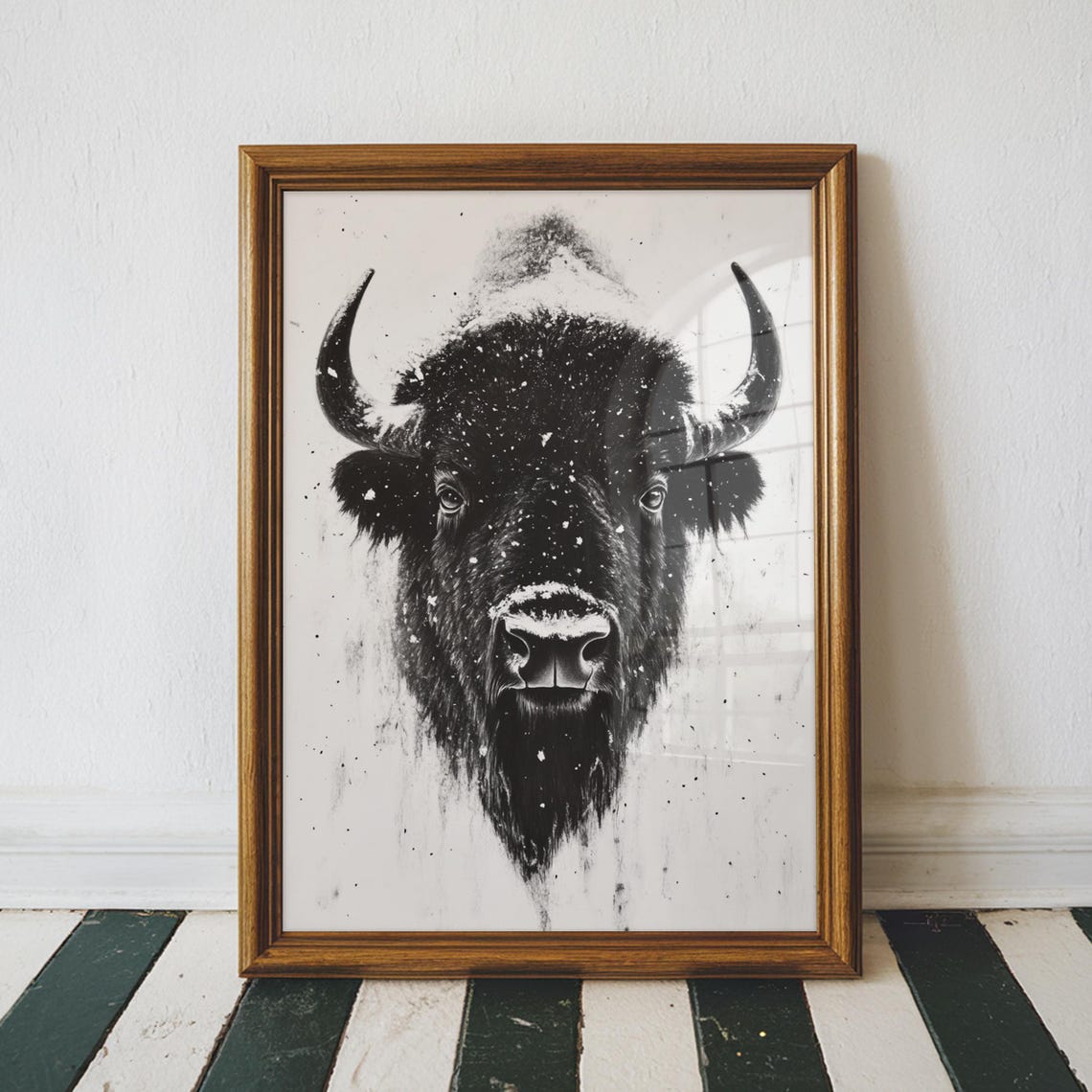 Bison in Snow Black and White Wildlife Portrait Western Ranch Poster