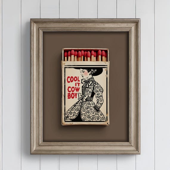 Black Tan Western Matchbox Wall Art Vintage Rodeo Cowgirl Poster Brown Cool It Cowboy Print Moody Ranch Style Country Coquette Decor