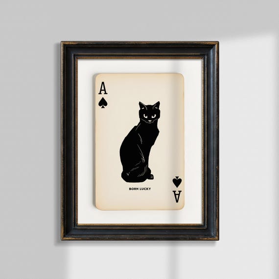 Born Lucky Black Cat Print Ace Of Spades Vintage Playing Card Art Witchy Halloween Decoration Gothic Library Decor Tan Neutral Wall