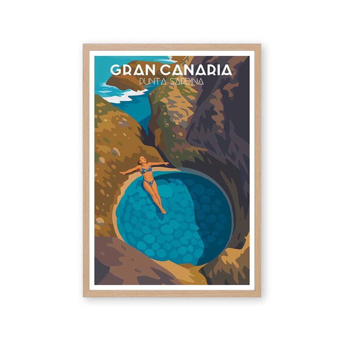 Gran Canaria Punta Sardina Cliff Natural Pool Retro Travel Poster