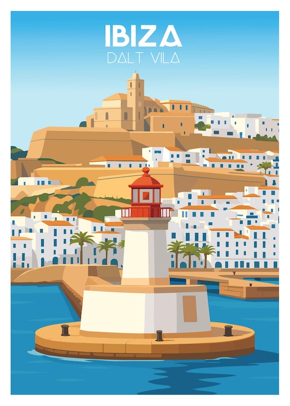 Ibiza Dalt Vila Spain Old Town Lighthouse Vintage Travel Poster