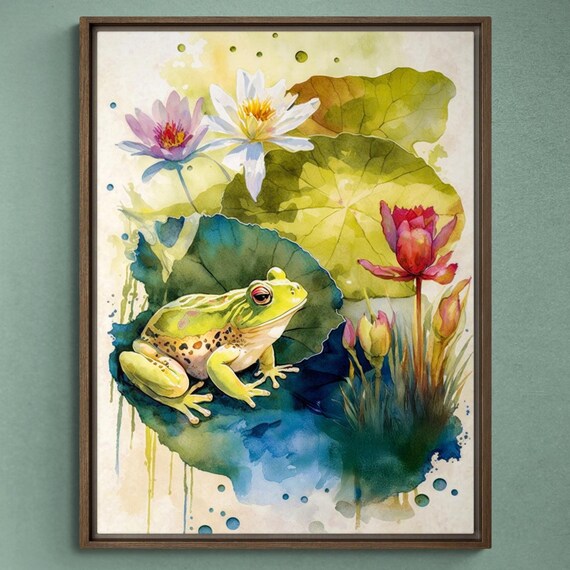 Cute Green Frog on Lily Pad With Water Lilies Watercolor Animal Art Poster