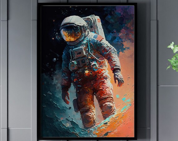 Astronaut Walking Impressionist Painting Poster Orange Teal Space Art