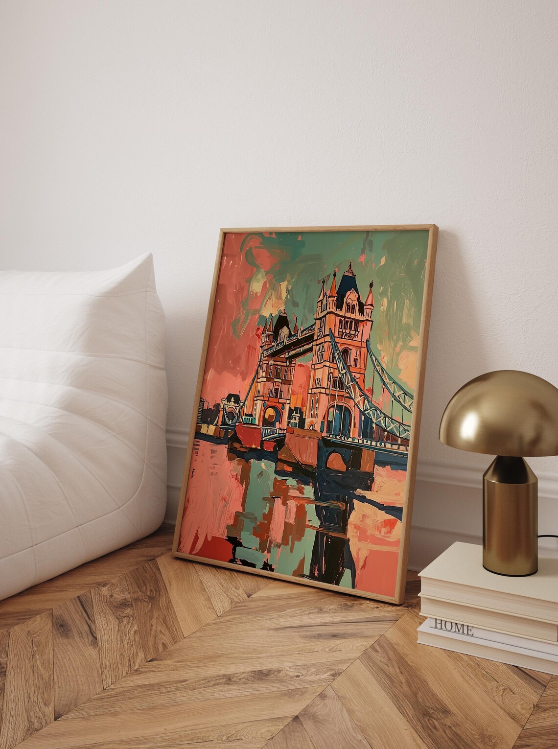 Tower Bridge London Coral Teal Abstract Gouache Painting Poster