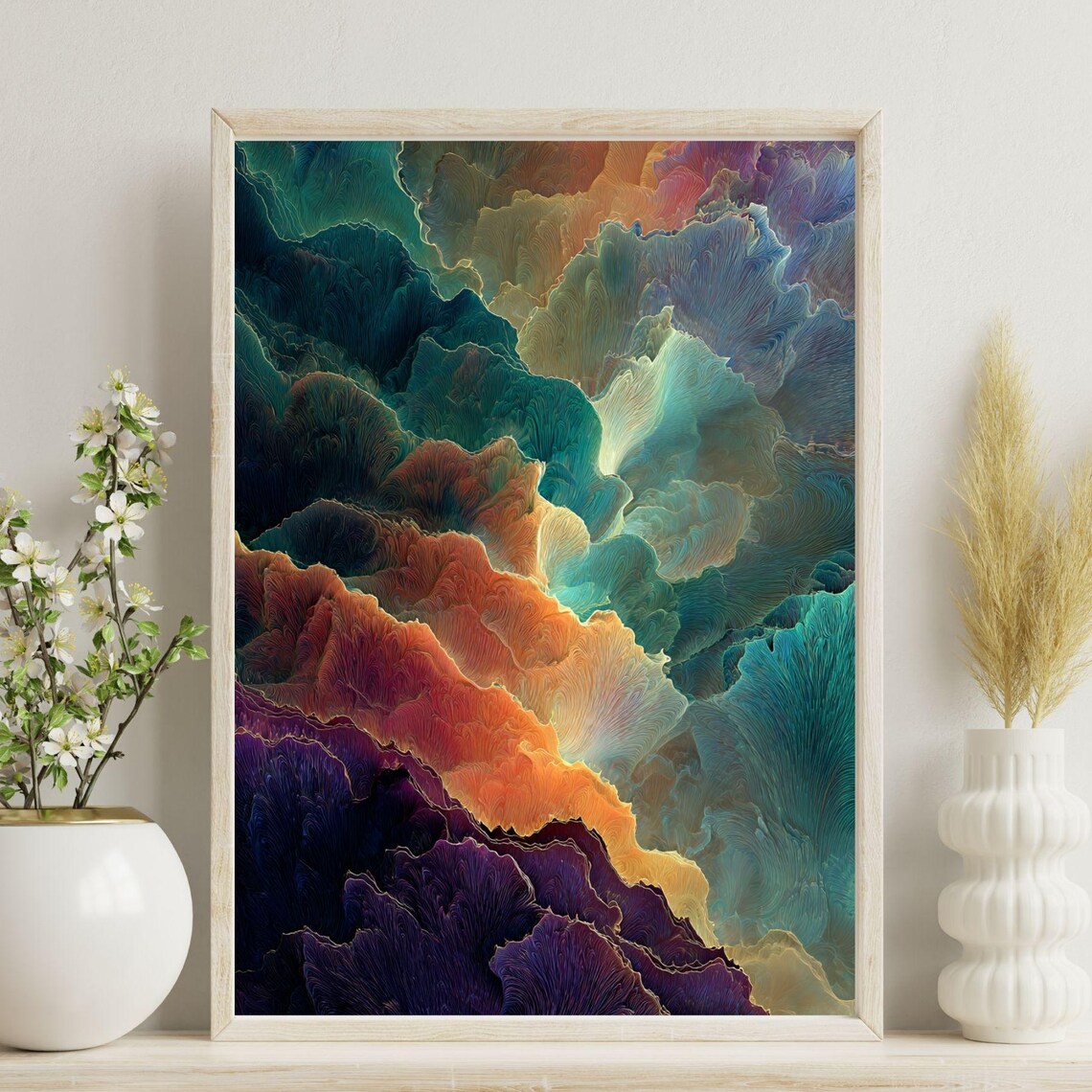 Teal Orange Purple Organic Fractal Coral Abstract Art Poster