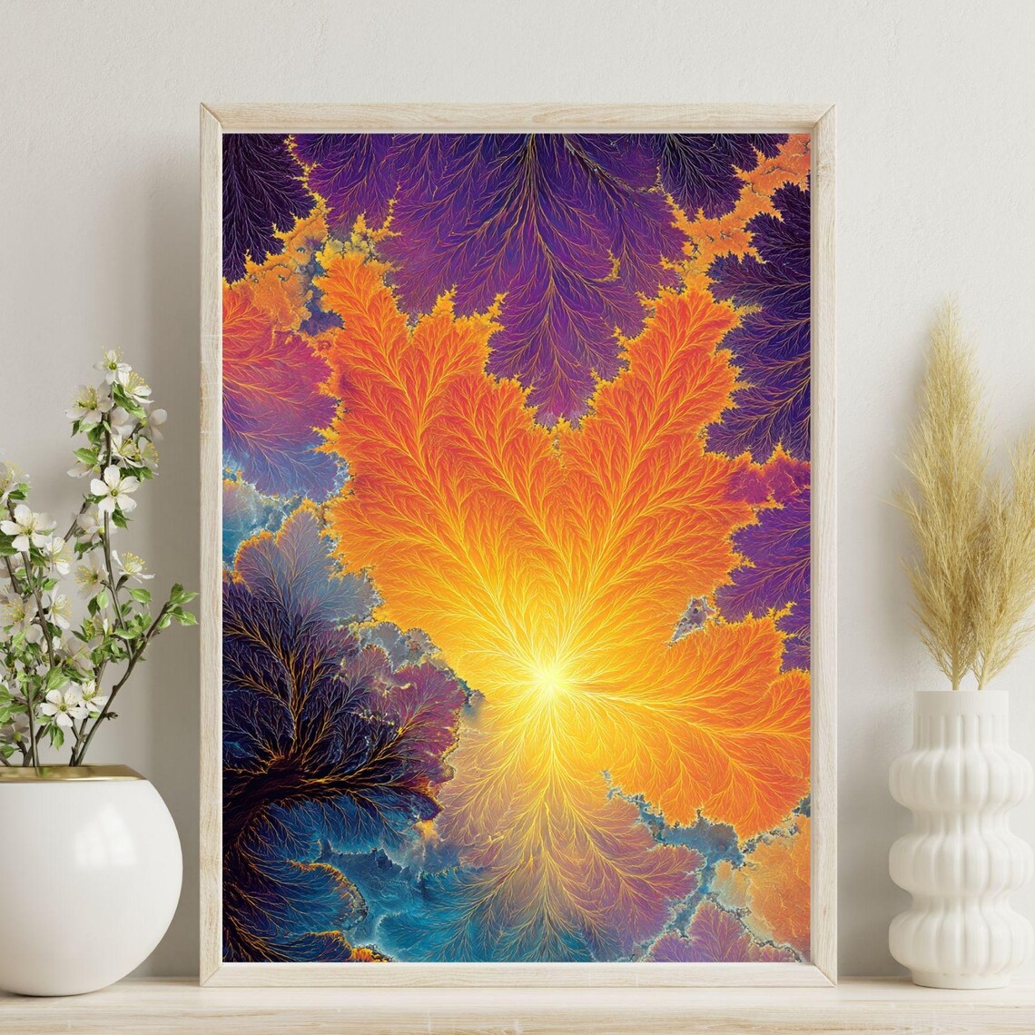 Psychedelic Fractal Burst Vibrant Orange Purple Trippy Art Poster