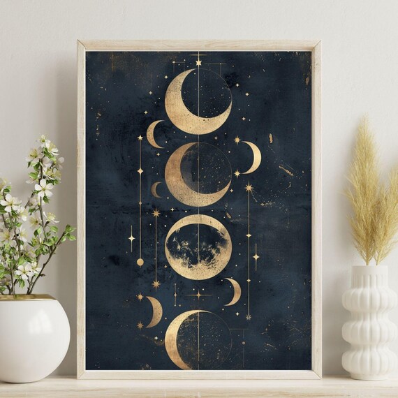 Gold Moon Phase Celestial Astrology Night Sky Mystic Art Poster