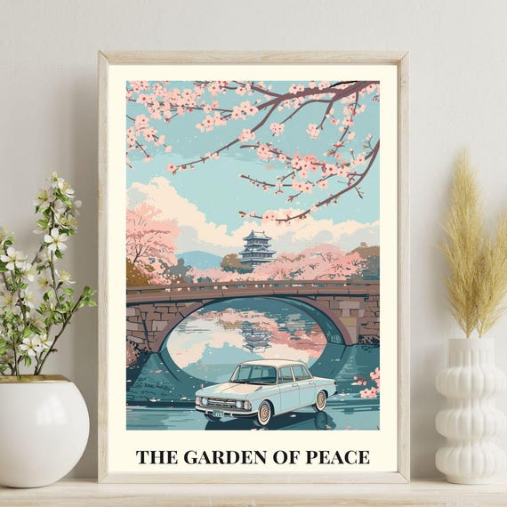 Vintage Travel Poster Retro Wall Art Japanese Garden Print Cherry Blossom Conceptual Zen Decor Gift For Her Or Him