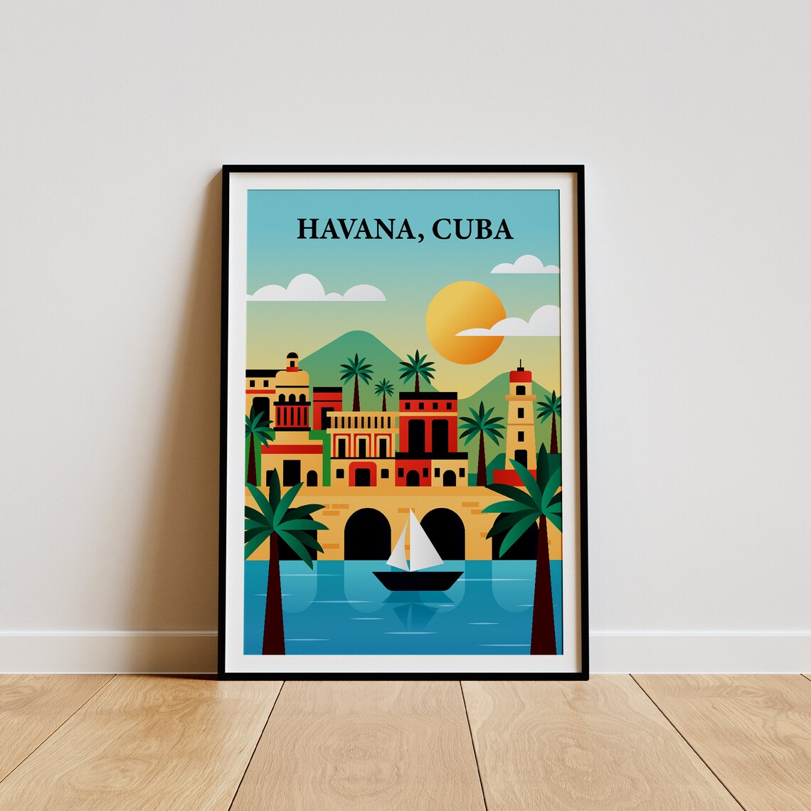 Havana Cuba Waterfront Palm Trees Sunset Flat Retro Travel Poster