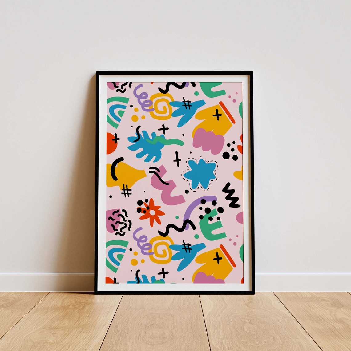 Playful Pink Abstract Doodle Shapes Colorful Modern Art Poster