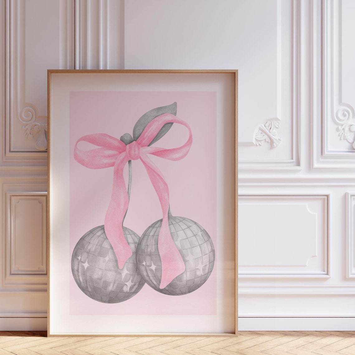 Cherry Disco Ball Pink Bow Silver Glitter Kitchen Party Poster