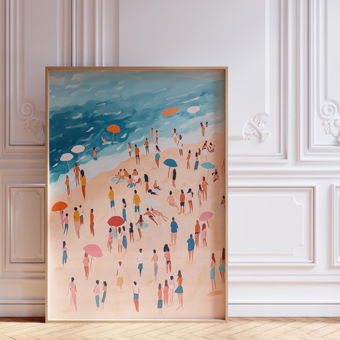 Peach Beach Crowd Umbrellas Summer Illustration Art Wall Poster