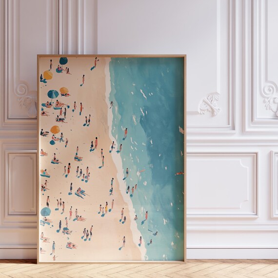 Aerial Beach Crowd Colorful Umbrellas Abstract Ocean Art Poster