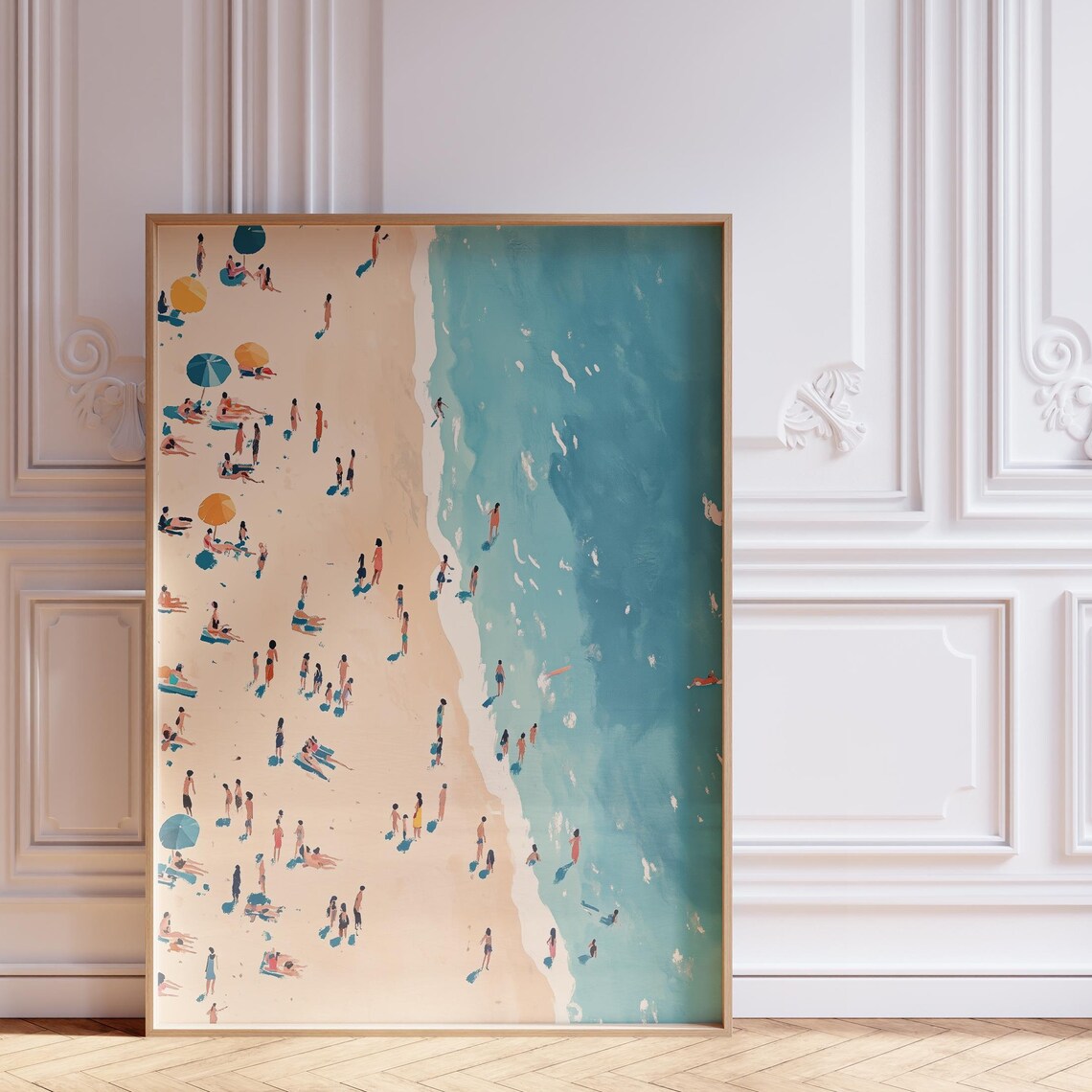 Aerial Beach Crowd Colorful Umbrellas Abstract Ocean Art Poster
