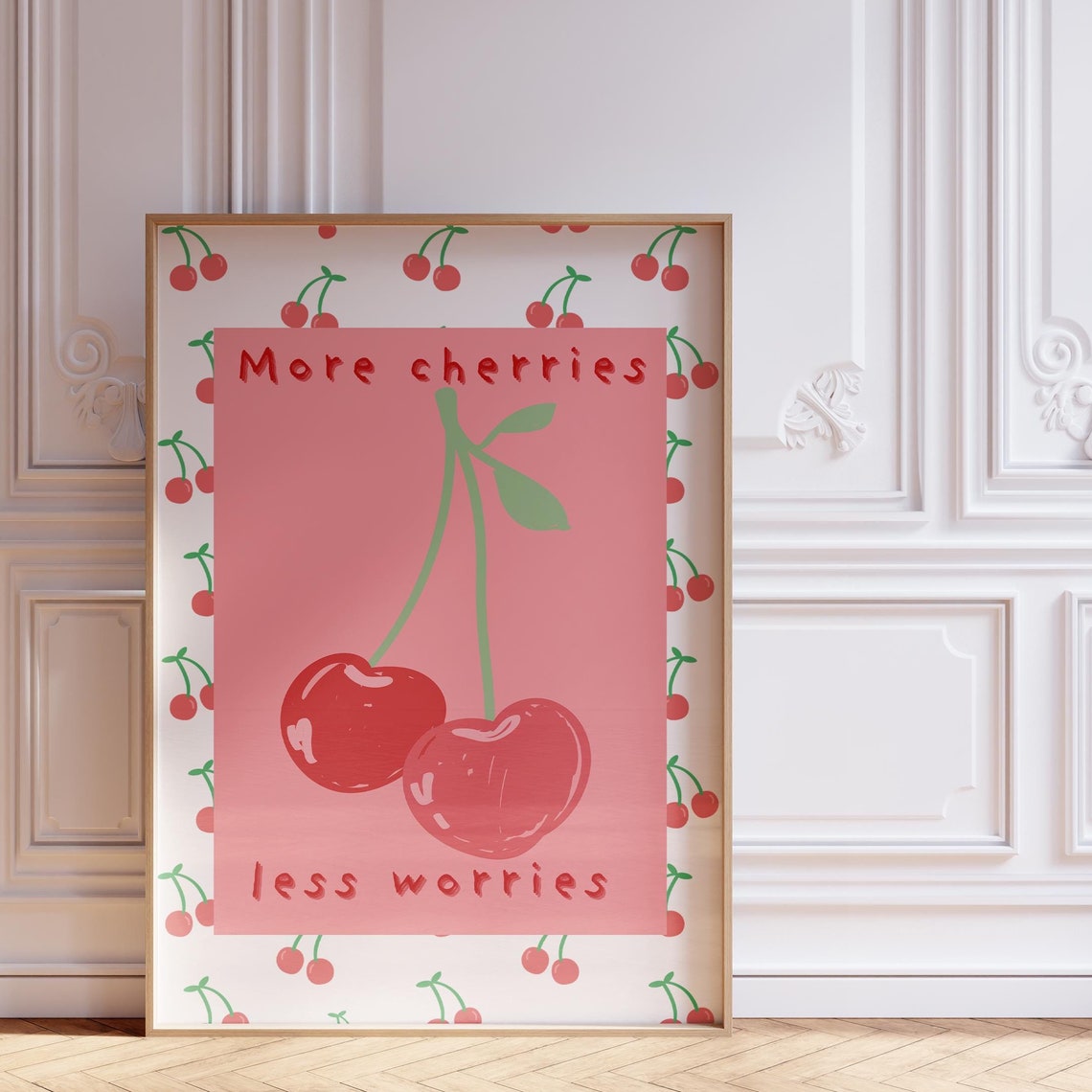 More Cherries Less Worries Quote Cherry Pattern Pink Decor Poster