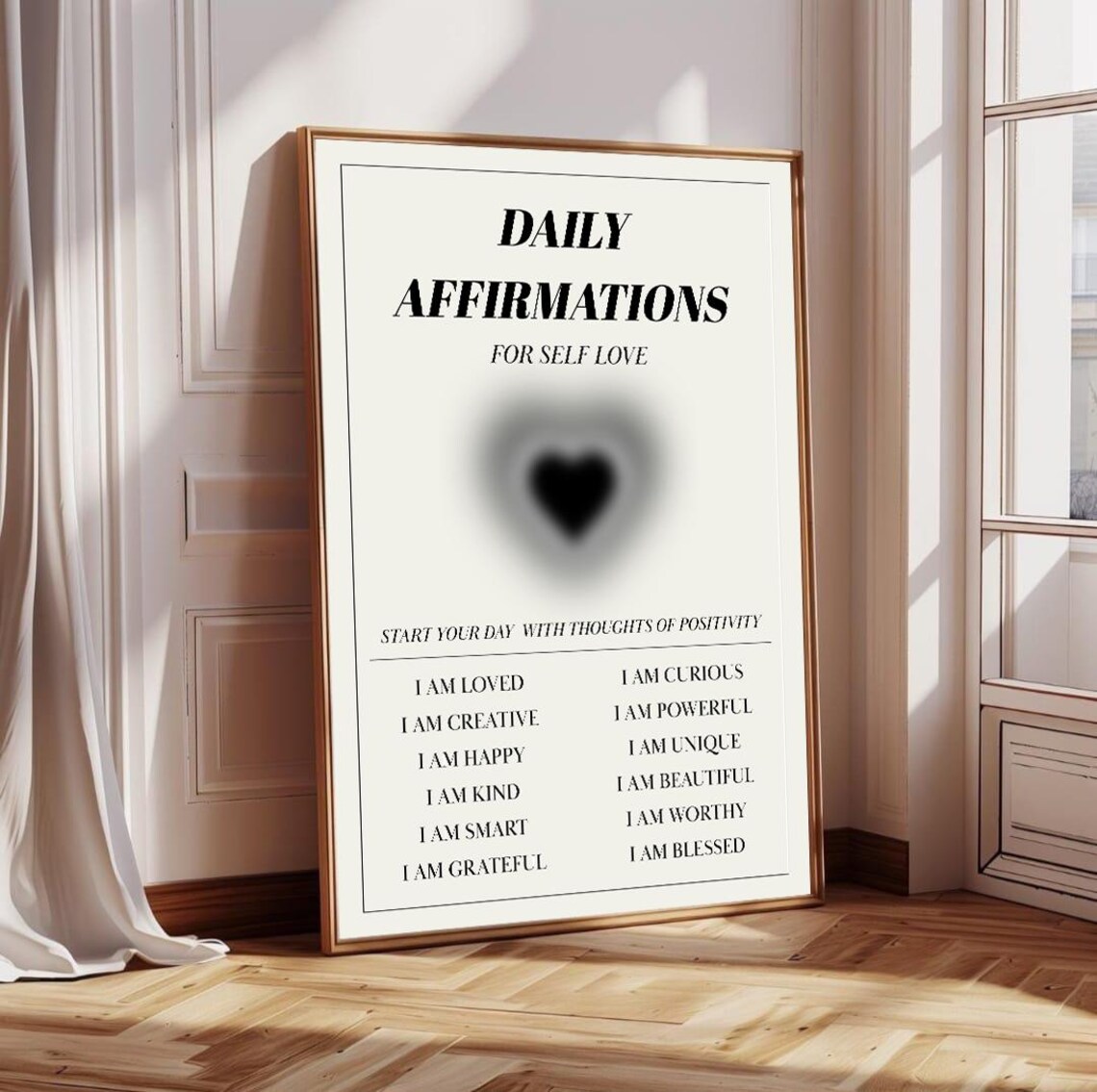 Daily Affirmations Art Print Black Grey Heart Inspirational Selflove