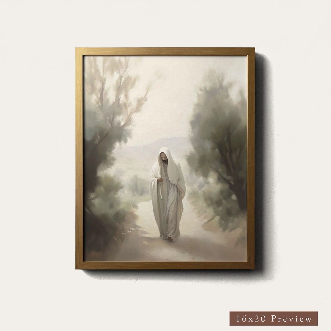 Jesus Walking Misty Forest Path Soft Neutral Faith Wall Poster - Image 5