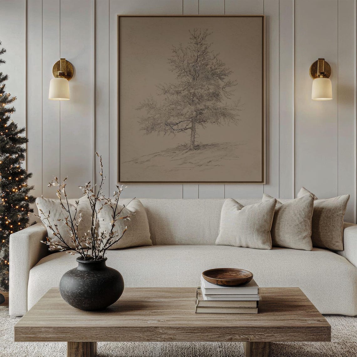 Pine Tree Sketch Gicle Art Print Unframed Vertical Neutral Christmas Wall Art Moody Subtle Vintage Style Winter Holiday Decor - Image 4