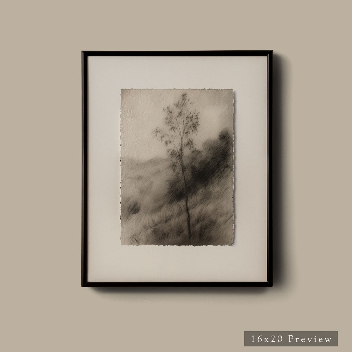 Hillside Sketch Solitary Tree Charcoal Deckled Edge Art Poster - Image 5