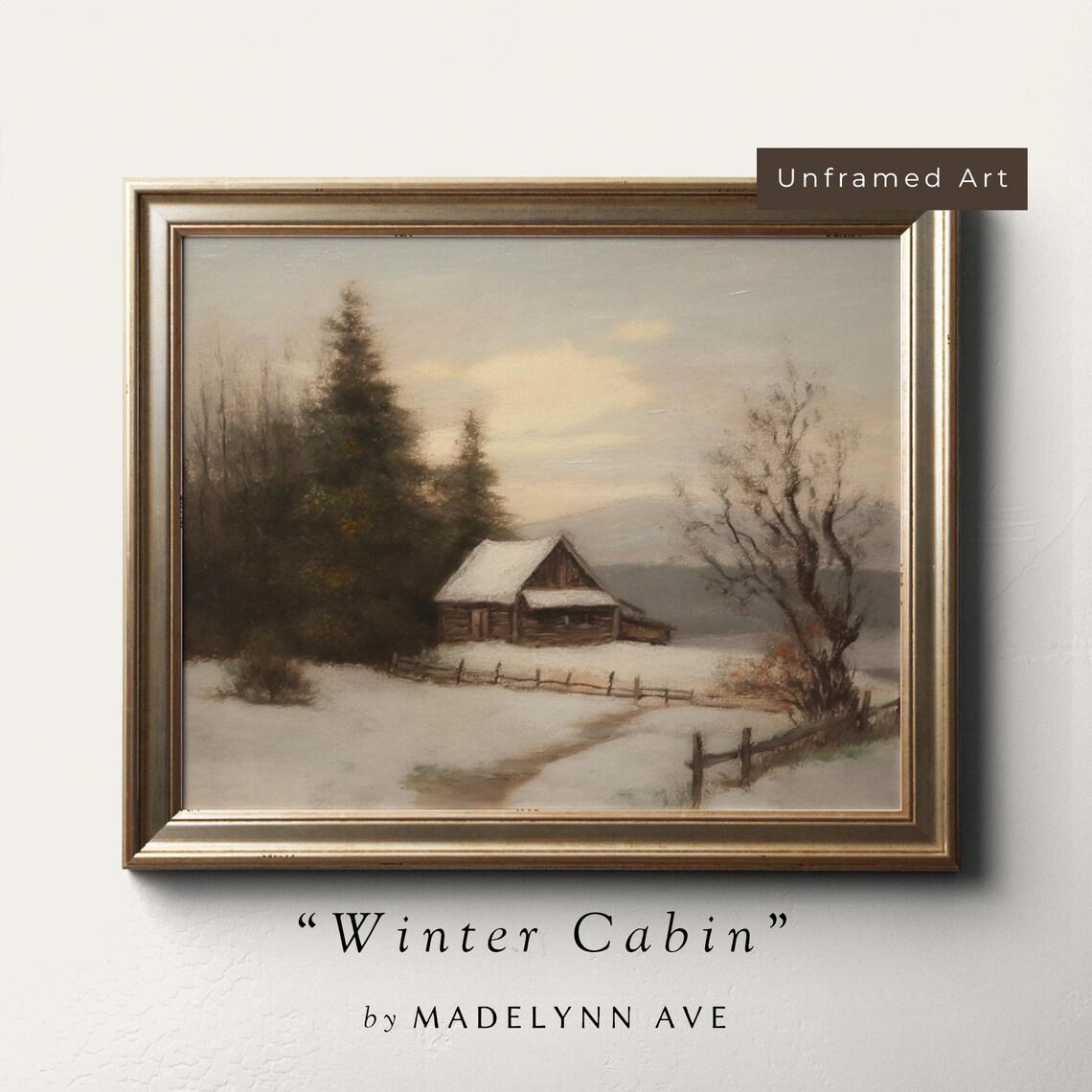 Vintage Winter Cabin, Snowy Christmas Landscape Art Print