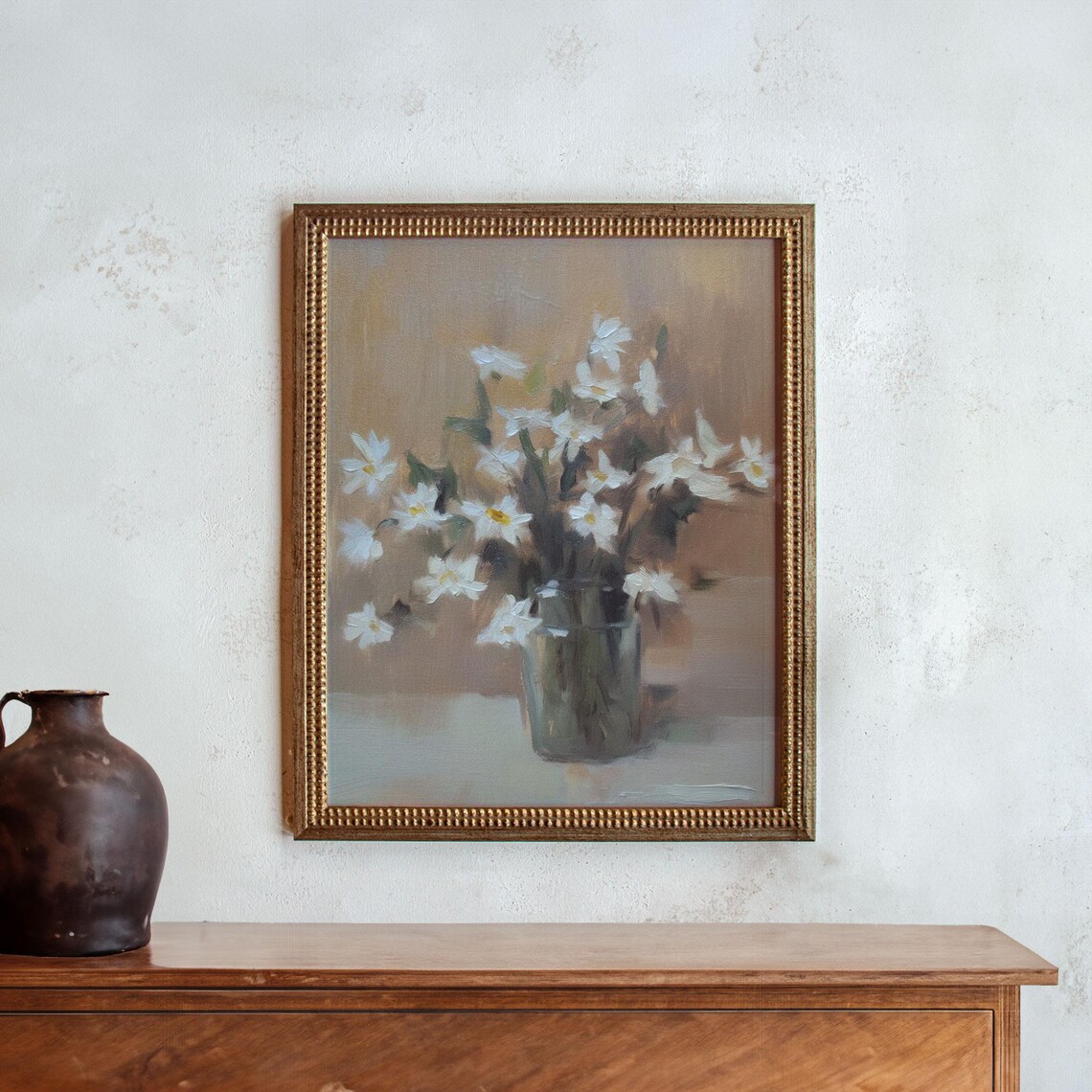 Daisy Still Life, Neutral Impressionist Art Print