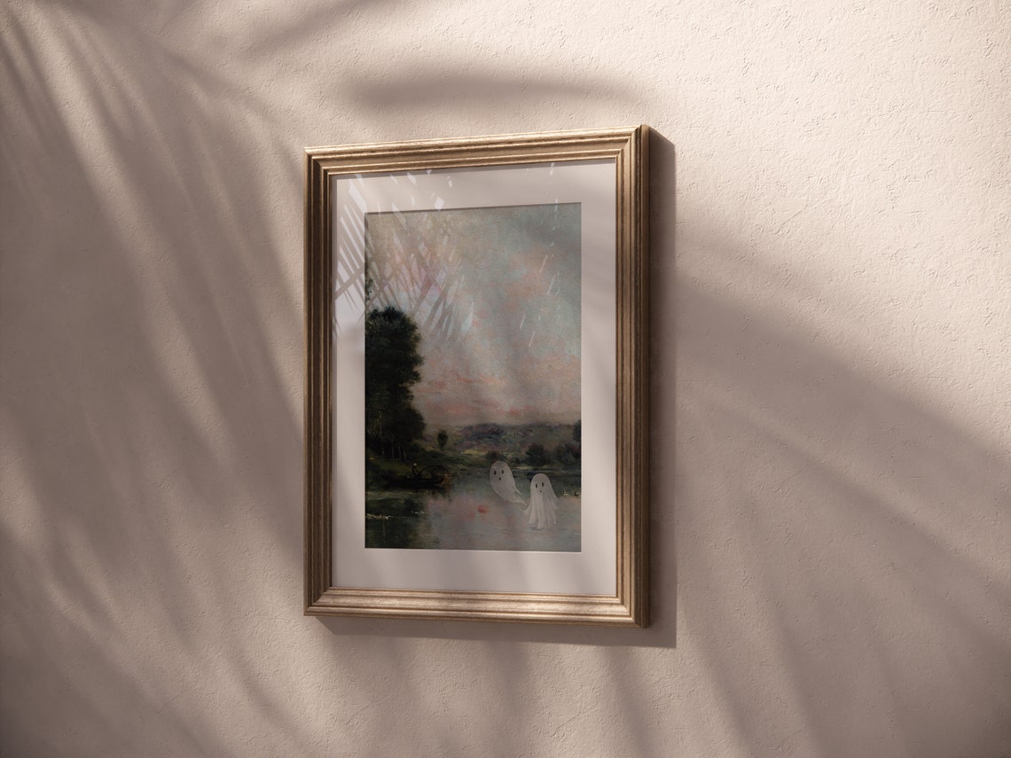 Altered Vintage Landscape Painting Cute Ghosts Added Art Poster - Image 2