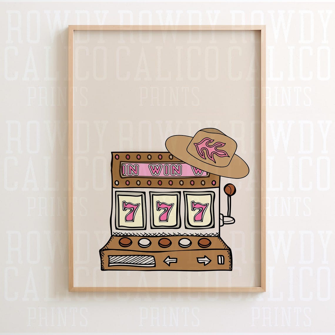 Lucky 777 Slot Machine Pink Cowboy Hat Hand Drawn Western Poster