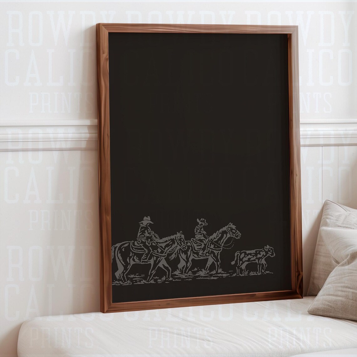 Two Cowboys Roping Calf Black Background Western Line Art Poster