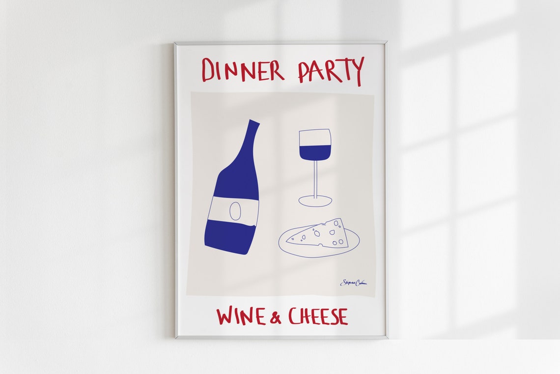 Dinner Party Wine and Cheese Minimalist Chic Kitchen Wall Art Decor