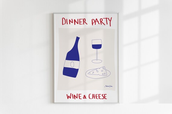 Dinner Party Wine and Cheese Minimalist Chic Kitchen Wall Art Decor