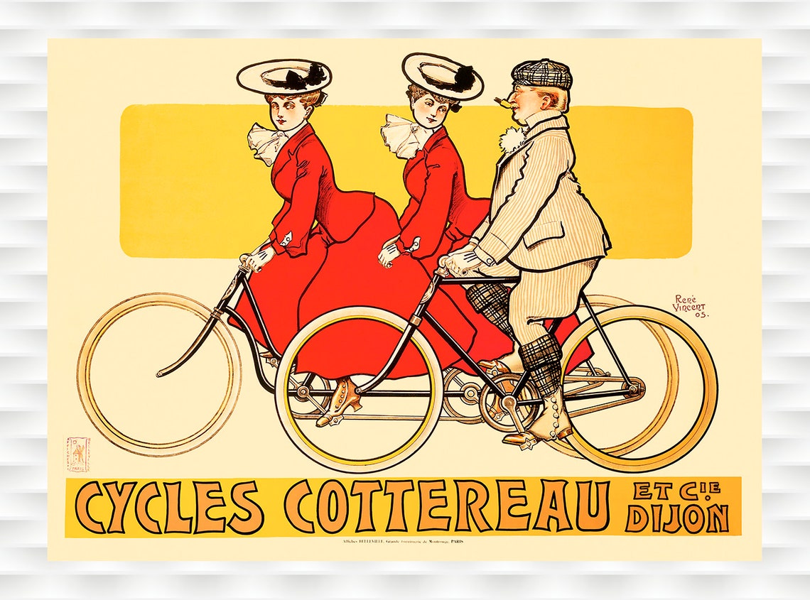 Cycles Cottereau Dijon Rene Vincent Tandem Bicycle Vintage Poster