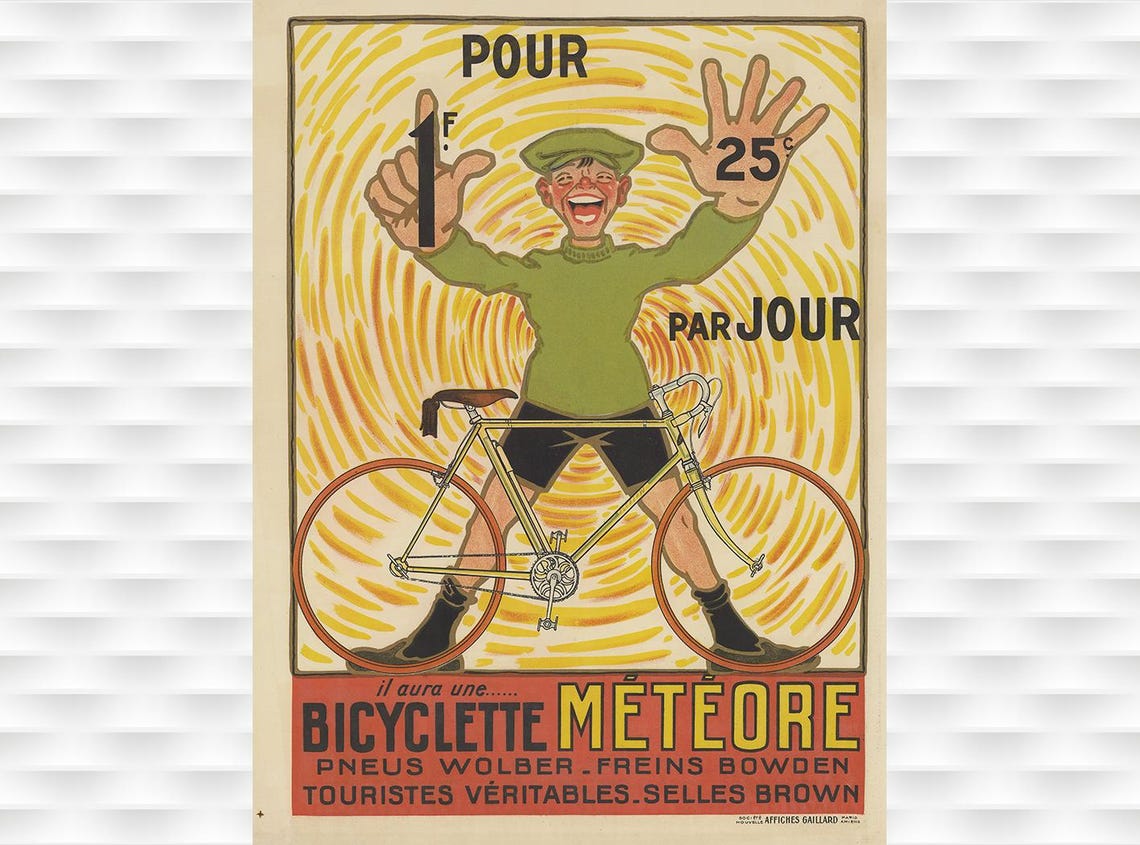 Meteore Bicyclette 1F 25 Par Jour Grinning Cyclist French Ad Poster