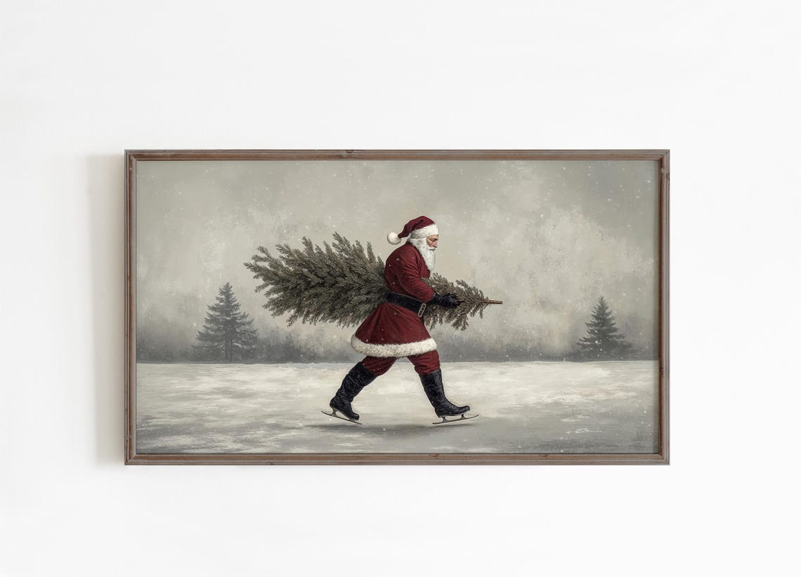 Santa Ice Skating With Christmas Tree Vintage Snowy Scene Poster