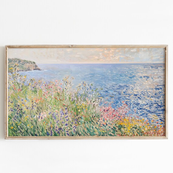 Coastal Wildflowers Over Blue Ocean Impressionist Seascape Wall Art