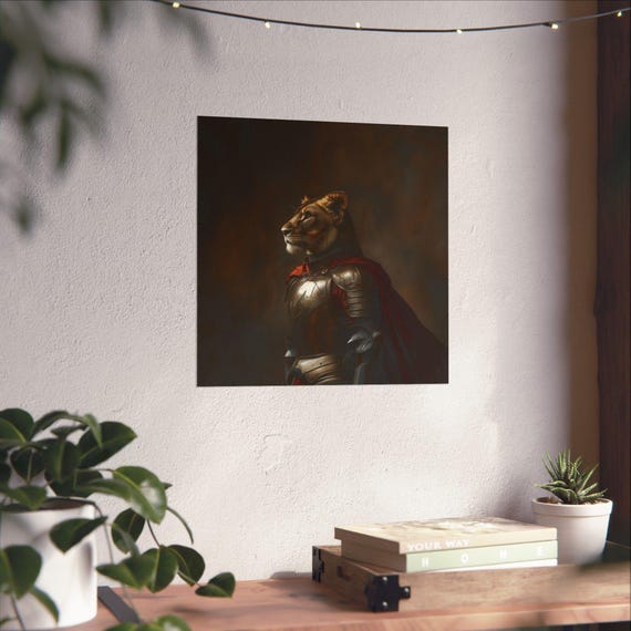 Maximalist Eclectic Medieval Lioness Knight Poster Print Bold Altered Animal Portrait Fantasy Fun Colorful Renaissance Rustic Art