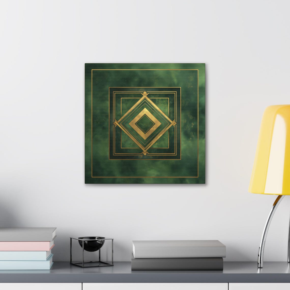 Deep Green And Gold Art Deco Nested Diamond Pattern Wall Art - Image 2