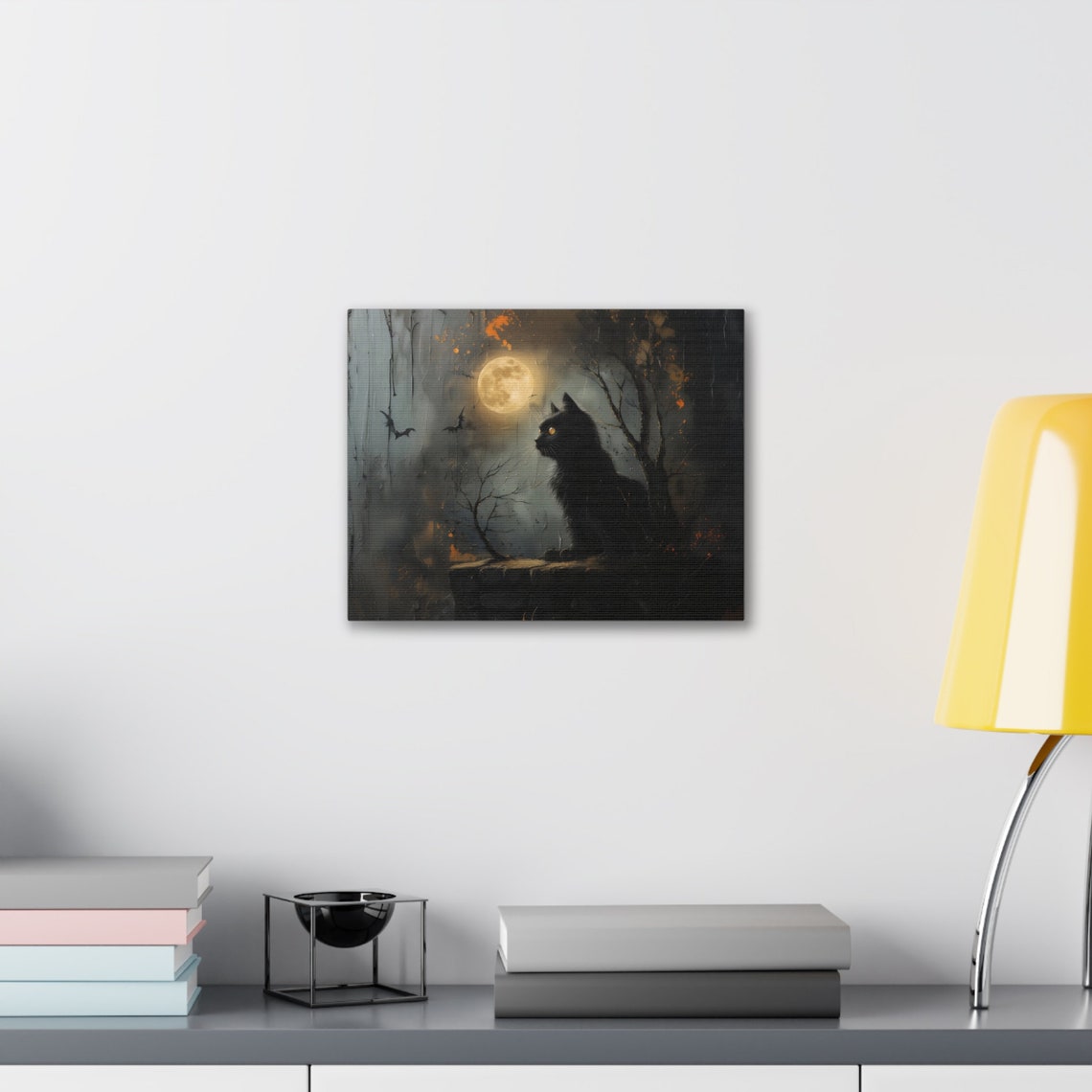 Spooky Black Cat With Glowing Eyes Under Full Moon at Night Poster - Image 3