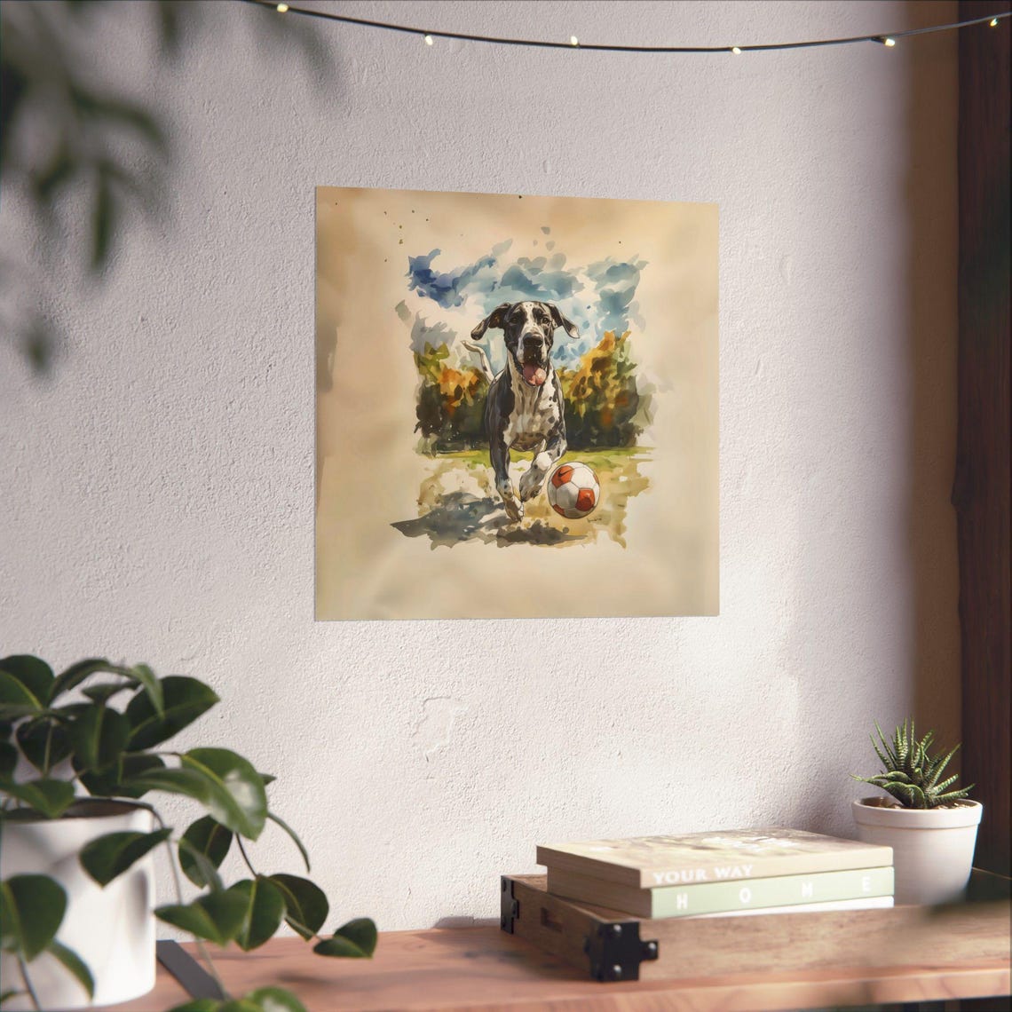 Great Dane Playing Soccer Playful Watercolor Dog Breed Poster