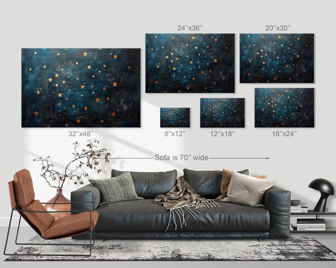 Golden Stars Glowing Night Sky Deep Teal Dreamy Celestial Wall Art - Image 3