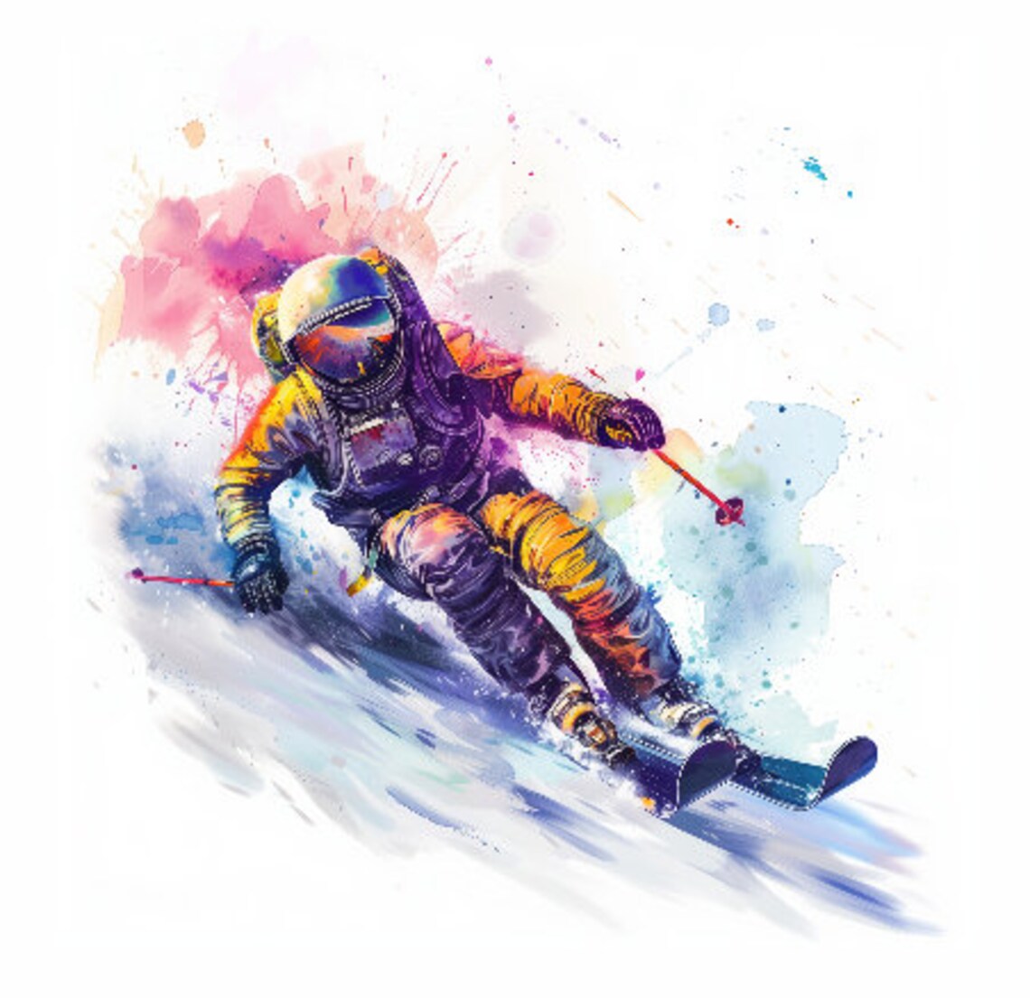 Astronaut Skiing In Bold Yellow Purple Watercolor Brushwork Print - Image 2